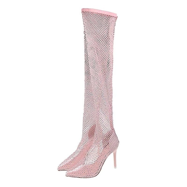 Dam glitter strass stövlar lår högt över knäet Klackar Sexig stilett Pink Pink 42