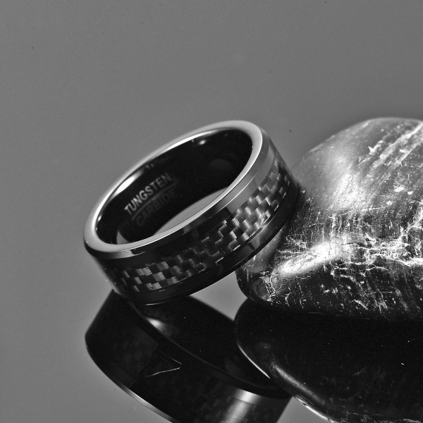 Nuncad 8 mm bredd volframkarbidring för män inlagd svart kolfiber svart volframstålring 7