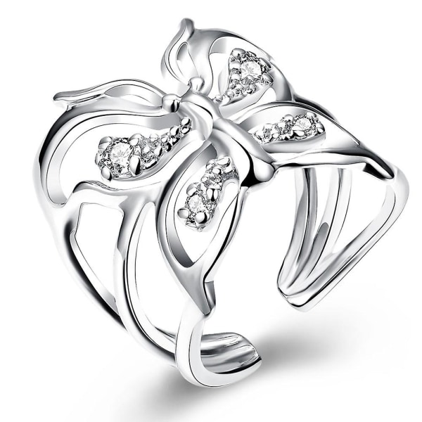 Ny 925 Sterling Silver Ring Mode Crystal Butterfly Öppna Ring Kvinnor Män Present Silver Default