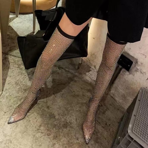 Dam glitter strass stövlar lår högt över knäet Klackar Sexig stilett Black Black 42