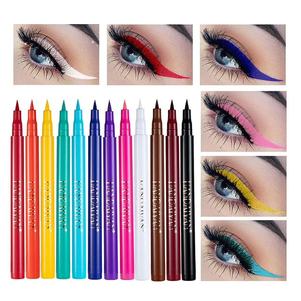 12pcs Matte Rainbow Liquid Eyeliner Set, 12 Color Soft Ultra Pointed Eyeliner Brush, Waterproof High Pigment Eyeliner Set