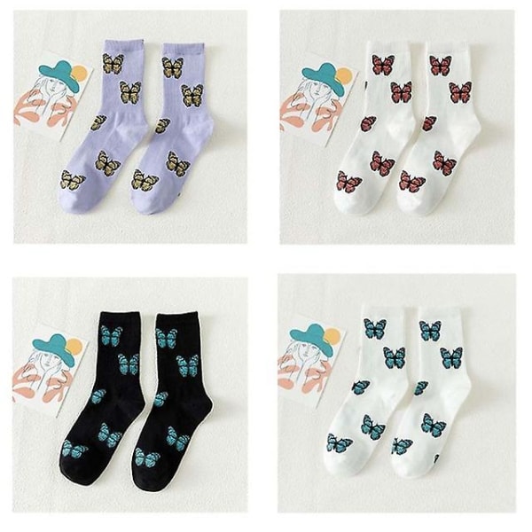 4 Pairs Lot Pack Women Socks Colorful Butterfly Ins Korean Style Fashion Tide Trend Cute Lovely Japanese Style Cotton Socks-1 1 Uniform code