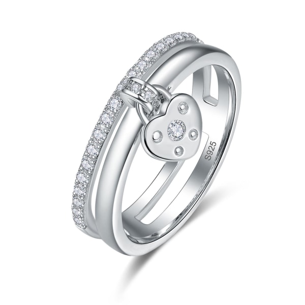 925 Sterling Silver Hjärtformat lås 5a Cubic Zirconia Ring Dam Bröllopssmycken silver 9