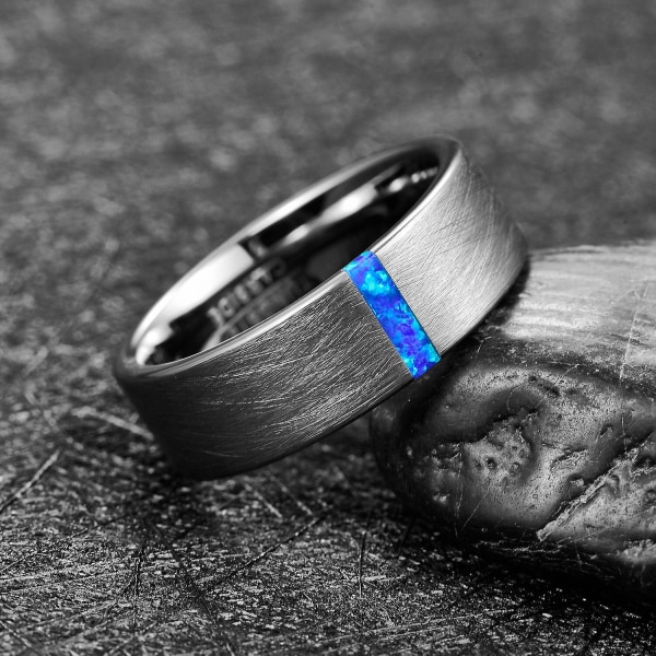 Nuncad 8 mm Bredde Herrering Bryllupsring Forlovelsesring Indlagt Blå Opal Overflade Børstet Tungsten Carbide Ring 9