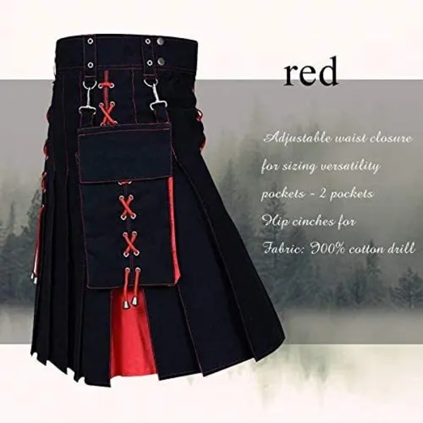Herre Kilt Utility Skotsk Traditionel Highland Solid Plisserede Spænde Kostume Kilts med Lastlommer Rød Rød Red 5XL