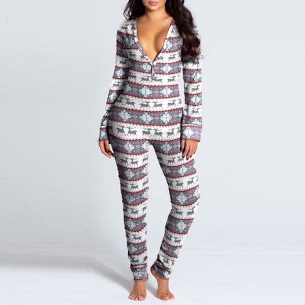 Dam One Piece Print Nattkläder Julpyjamas Jumpsuit Rompers Långärmade nattkläder Grey Grey M