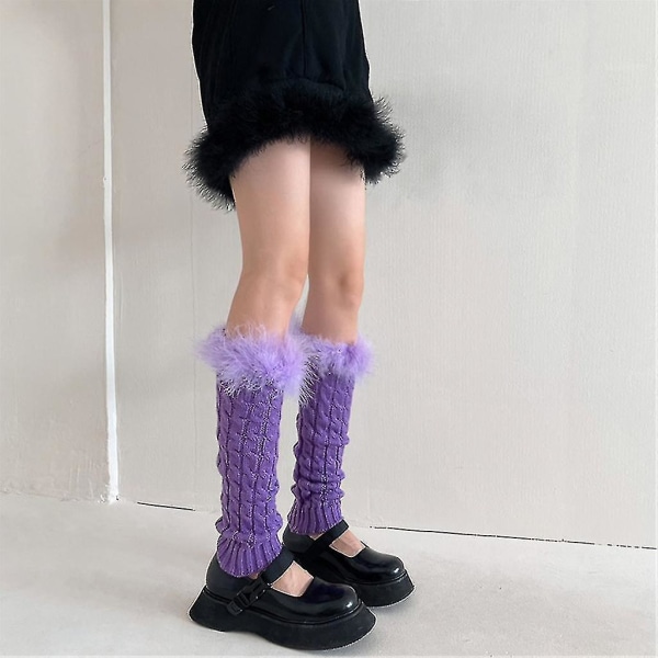 Casual Benvärmare Kvinnor Harajuku Furry Plysch Patchwork Fotskydd Kalvstrumpor Purple