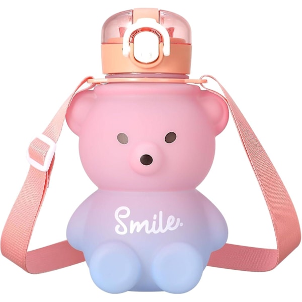 Kawaii björn vattenflaska med sugrör och rem, 800 ml söta gradient färgglada vattenflaskor bärbara läckagesäkra BPA-fria drickskoppar för barn flickor