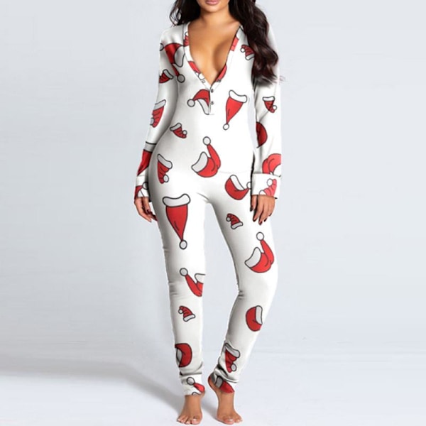 Dam One Piece Print Nattkläder Julpyjamas Jumpsuit Rompers Långärmade nattkläder White White L