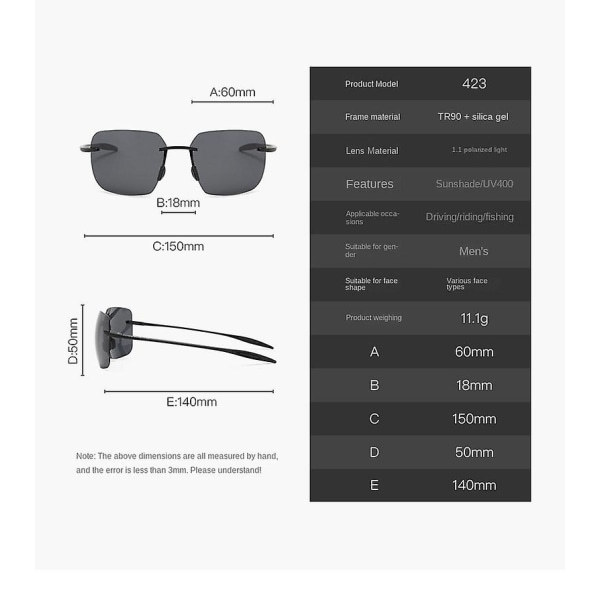 Retro polariserte solbriller Herre Rimless Square Frame Solbriller Solbriller Black frame true color ice blu