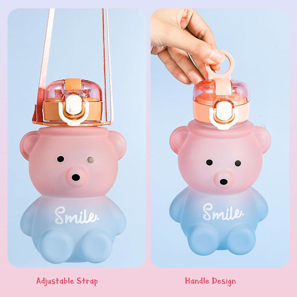 Kawaii-karhuvesipullo pillillä ja hihnalla, 800 ml söpöjä liukuvärjättyjä värikkäitä vesipulloja kannettavat tiiviit BPA-vapaat juomakupit lapsille tytöille