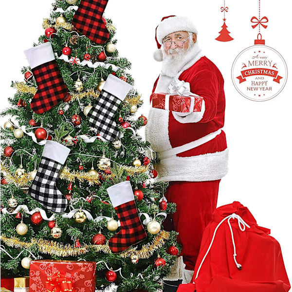 6 stycken julbuffelplädstrumpa Klassisk strumpdekoration Julstrumpor med plyschmanschett för familjens julfestdekor