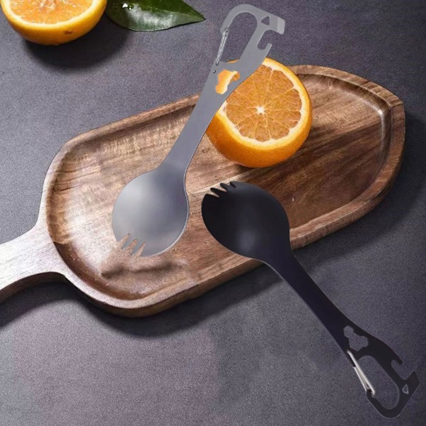 5 i 1 Rostfritt Stål Spork Camping Redskap med Sked Gaffel Flasköppnare Black 0.05