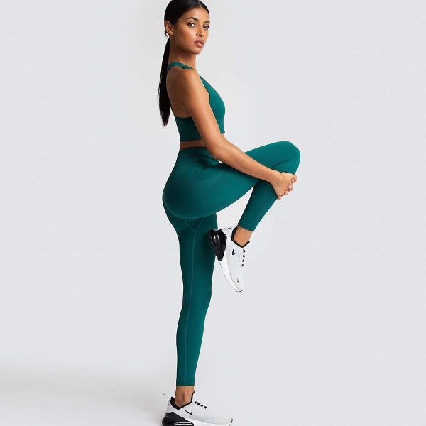 Sömlös stickad yoga bär kvinnors sport bh väst leggings set Dark green Dark green M