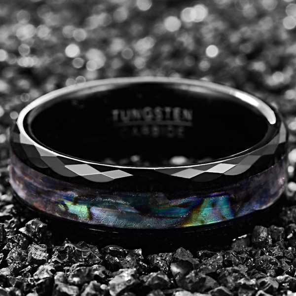 8mm Abalone Shell Tungsten Ringar För Män Kvinnor Svarta Bröllopsband Facetterad Kant 13