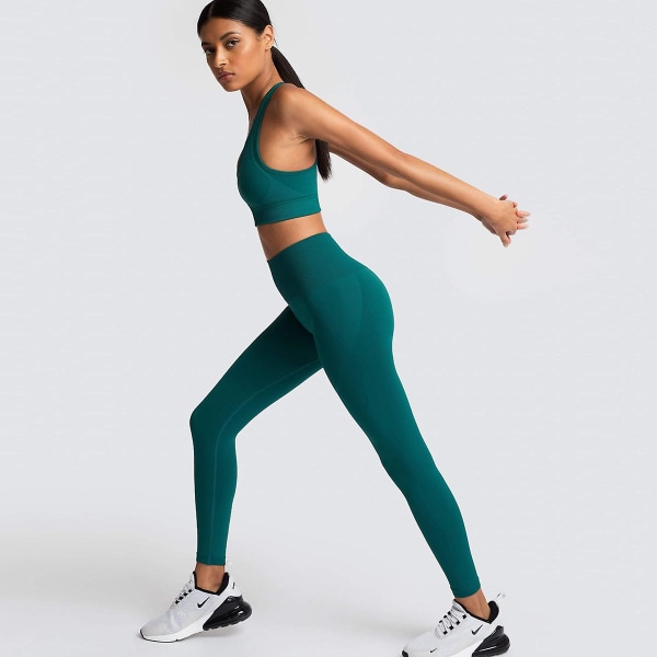 Sömlös stickad yoga bär womens sport bh väst leggings sæt Dark green S