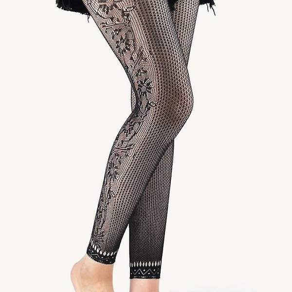 Kvinnor Sexiga hög midja Fishnet Fotlösa Leggings Flowerard Mönstrad Mesh Net