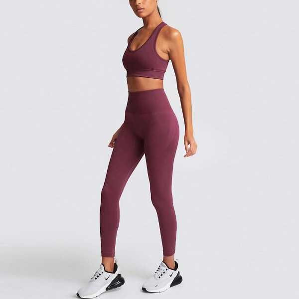 Sömlös stickad yoga bär womens sport bh väst leggings sæt Purple L