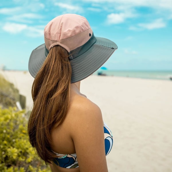 Utendørs UV-beskyttelse Sammenleggbare solhatter Netting med bred kant strandfiskehatt med hestehalehull (rosa)