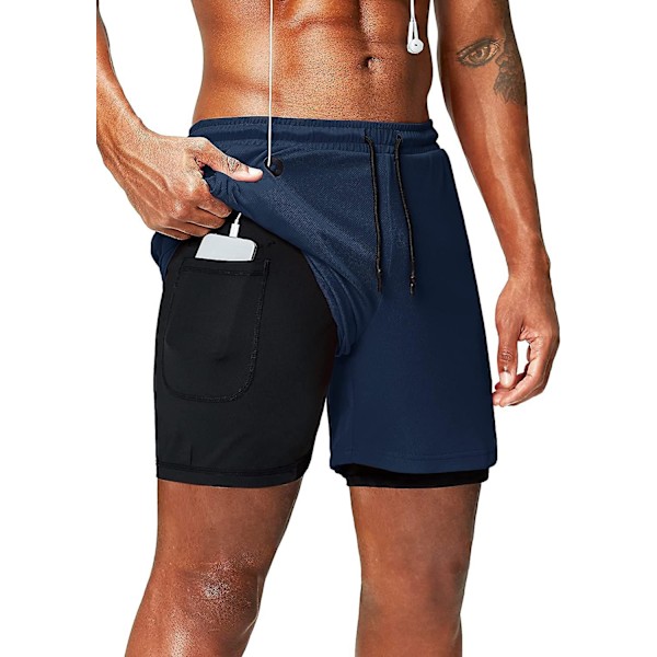 2 i 1 löparshorts med telefonficka Gym Workout Snabbtorka herrshorts 5 tum Navy Blue Navy Blue Medium