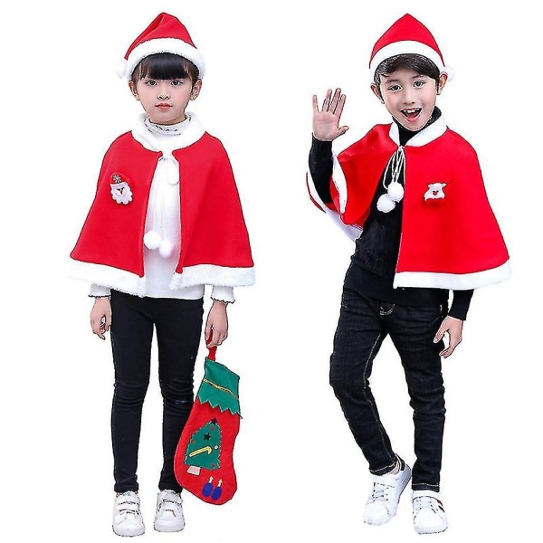 Børn Jule Sjal Hat Sæt Julemand Cape Børn Kappe Xmas Cosplay Kostume 100