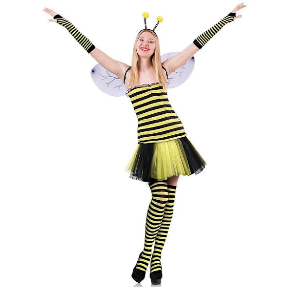 Bi-dräktset för vuxna Halloween Bi-dräkt Tutu-kjol Bi-randig knä-lång strumpa Långa handskar YellowBlack