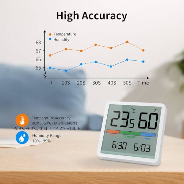 Hygrometer för hem och kontor, portabel inomhustermometer med kalibrering, stor LCD-display, temperaturmätare