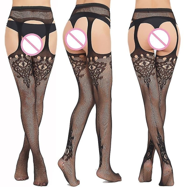 Dame Black Laceard Fishnet Tights Suspender Lår Høy Strømpebukse Høy midje