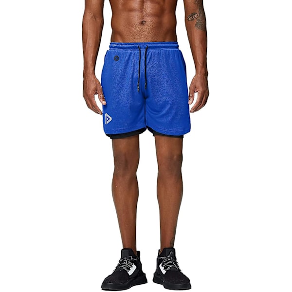 2 i 1 löparshorts med telefonficka Gym Workout Snabbtorka herrshorts 5 tum Blue Blue Medium