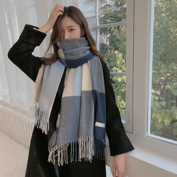 Shxx Lang ruteteteppe for kvinner Chunky Oversized Varmt skjerf for vinter/høst, stort tartanskjerf Wrap sjal A1017-121 Blue