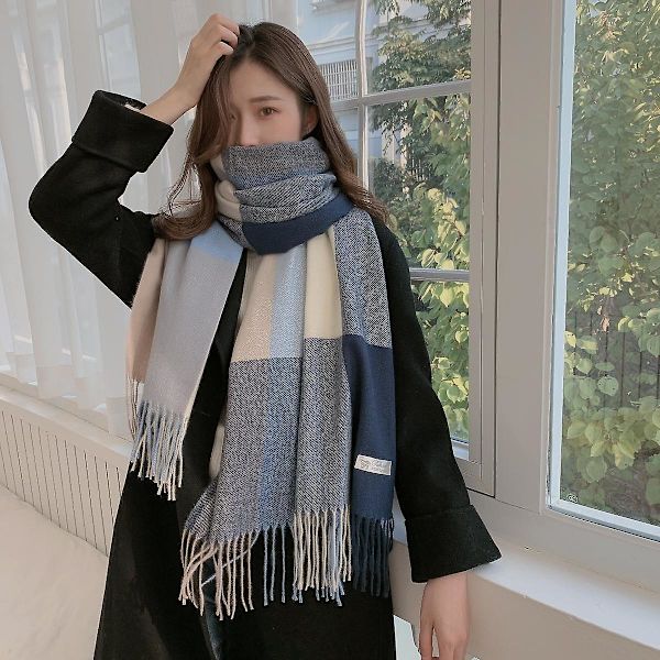 Shxx Lång Rutig filt för kvinnor Chunky Oversized Vinter/höst Varm Scarf Stor Tartan Scarves Wrap Sjal A1017-121 Blue