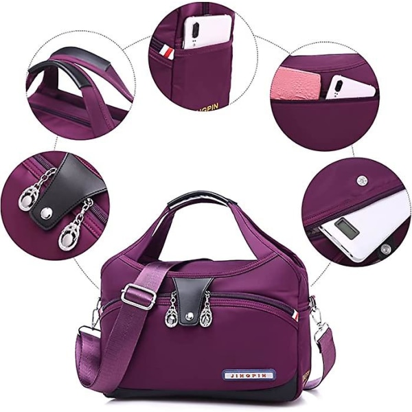 Axelväska för kvinnor, Handväska för skötväska, Arbetsväska för kvinnor med handtag och bred axelrem Messenger Bag-medium 9-fickor resväska (lila)