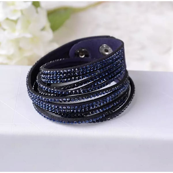 Wrap Läderarmband/Läder Armband med Strass/Rhinestones -Mörk Blå Mörkblå