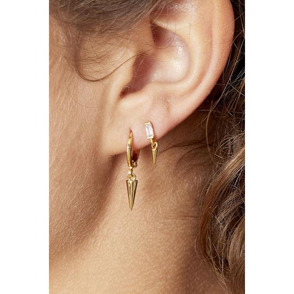 Guld Örhängen med en Vit Zirkon Sten samt ett Hänge i form av en Kon / Spets / Nit / Spike - Guldpläterade Guld