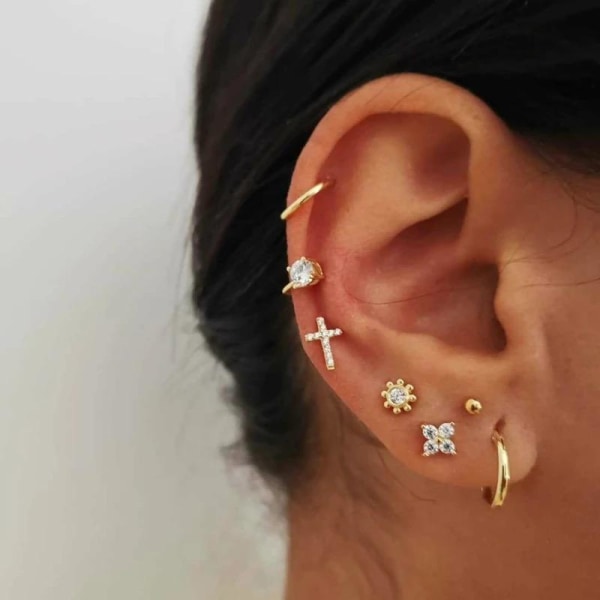 7 st Guld Örhängen - Ear Cuff, Rhinestones, Kors, Kula & Hoop Guld