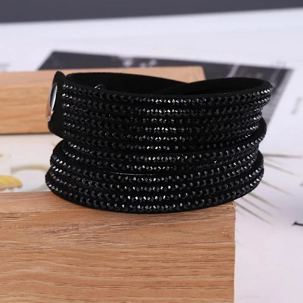 Wrap Läderarmband/Läder Armband med Strass / Rhinestones - Svart Svart