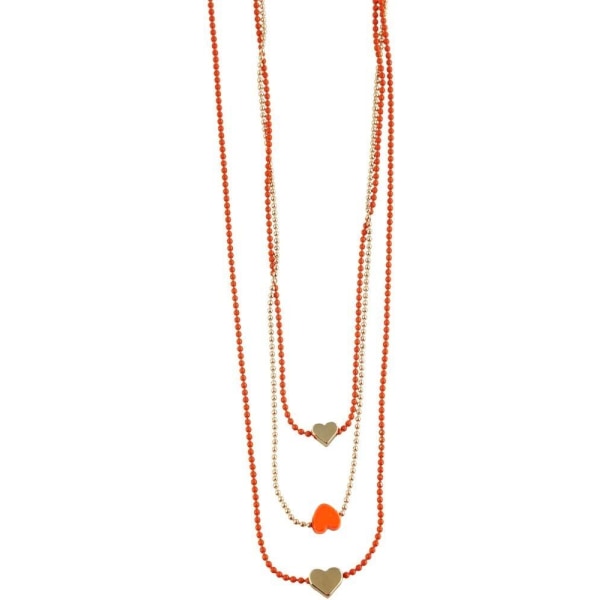 Halsband i Guld & Orange med 3 Kedjor Dekorerade med Hjärtan Guld