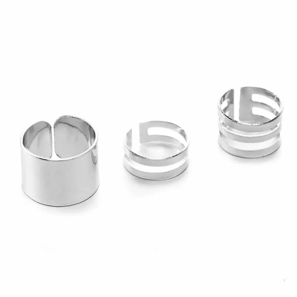 3-pack Boho Silver Ringar - Släta, Blanka & Mönstrade Justerbara Silver
