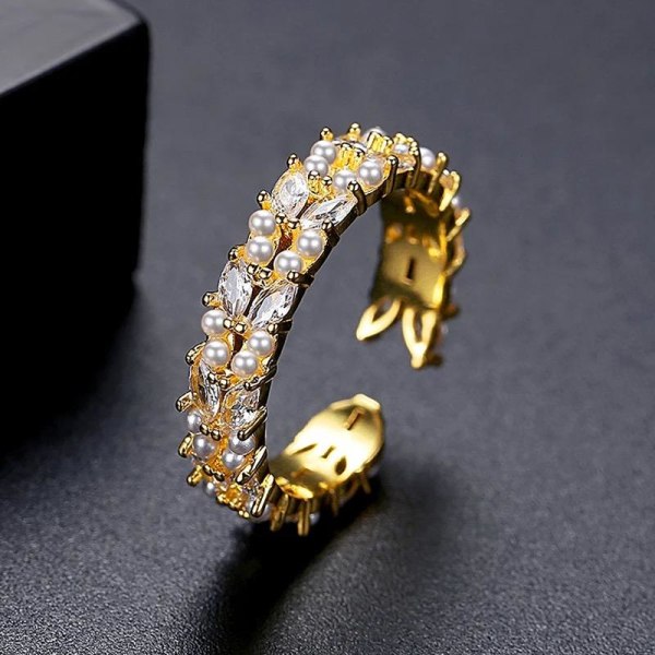 Guld Ring i Stål med Pärla & Kristall - Guldpläterad - Justerbar Guld