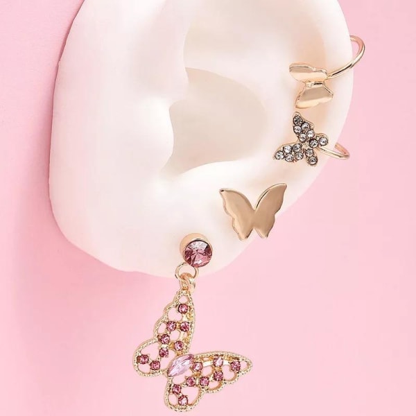 4 st Guld Örhängen - Ear Cuff & Stud / Fjärilar med Rhinestones Guld