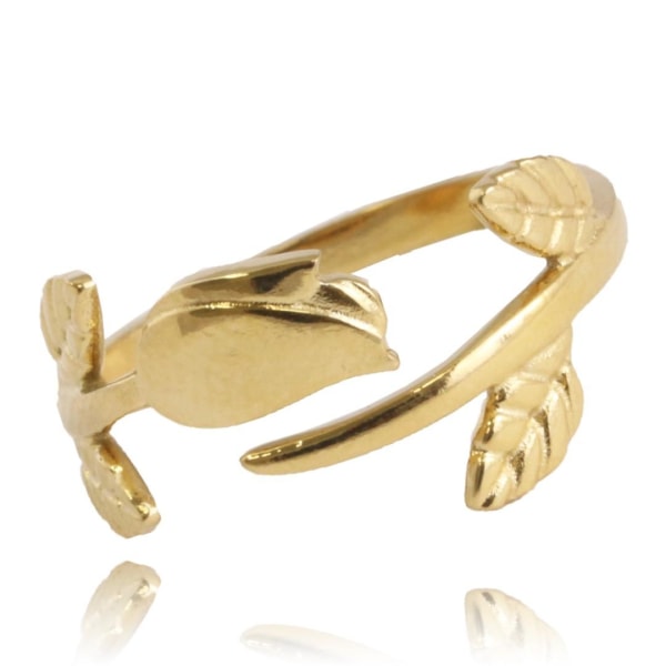 Guld Ring i Stål med Blomma & Blad - Guldpläterad - Justerbar Guld
