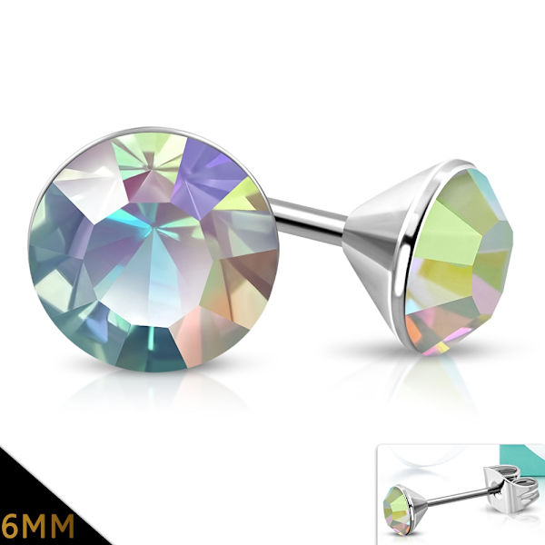 Stiftörhängen Stål 316L Rund Regnbågsskimrande Cubic Zircon 6 mm Silver