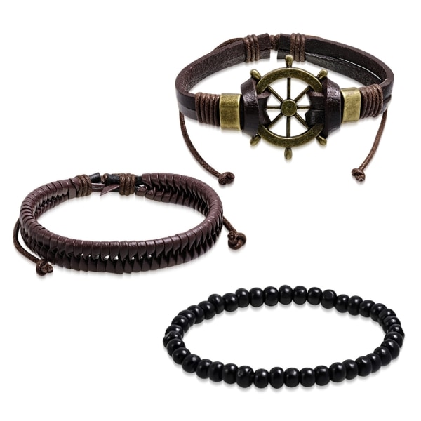 3 st Bohemian Chic Armband - Läder Pärlor Skeppsratt Ratt