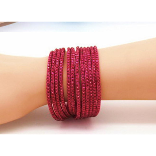 Wrap Läderarmband/Läder Armband med Strass / Rhinestones -Cerise Cerise