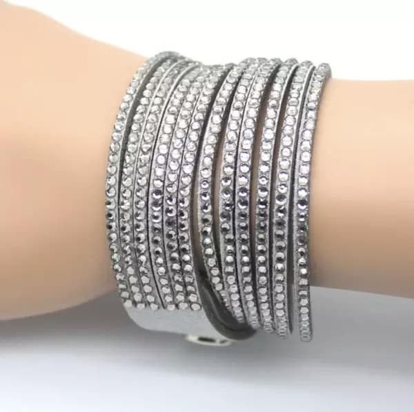 Wrap Läderarmband/Läder Armband med Strass / Rhinestones - Grå grå