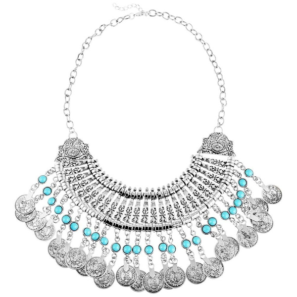 Boho Statement Coin Multilayer Silver Halsband med Turkos Pärlor Silver