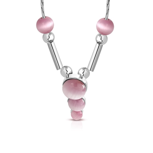 Halsband i Silver Färg med Cirklar/stavar & Rosa kattögonstenar