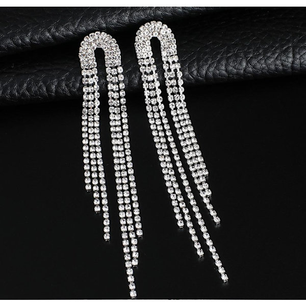 Strass Silver Örhängen med Kedjor - Glittrande Vita Rhinestones Silver