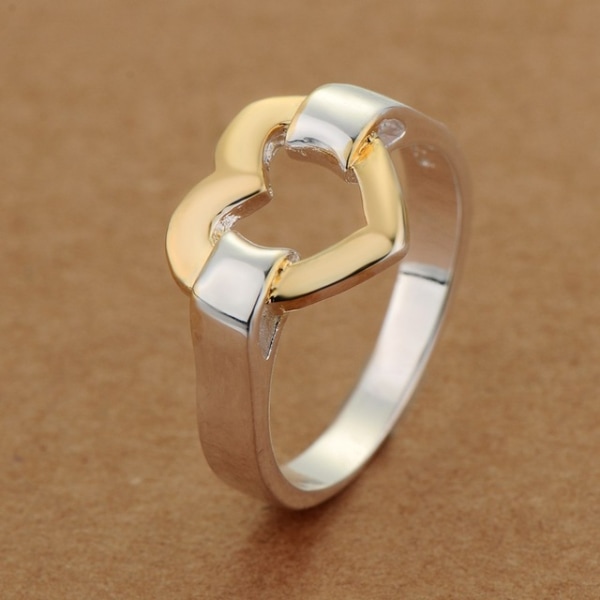Silver Ring med Guldfärgat / Guld Hjärta - Stl 17 Silver
