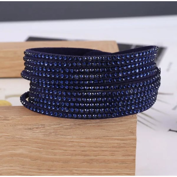 Wrap Läderarmband/Läder Armband med Strass/Rhinestones -Mörk Blå Mörkblå